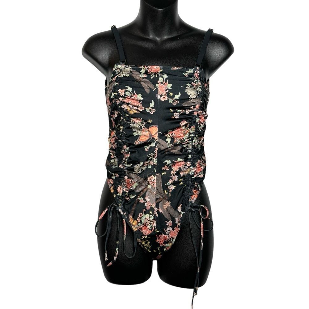 HAH Free People Black Floral Lace-Up One-Piece Swimsuit Size M NEW Boho Vacation